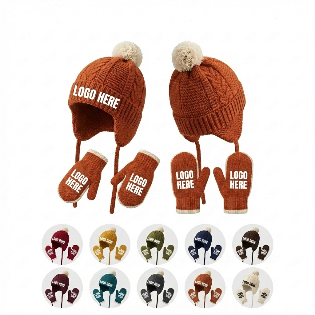 Playful Pom Earflap Hat and Matching Mittens Set